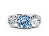 Silver Three-Stone Fancy Blue Cushion  Diamond Milgrain Pave Band with Prong Setting 1