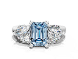 Silver Three-Stone Fancy Blue Emerald  Brilliant Cut Solitaire Ring with Prong Setting on a Classic Band 1