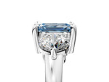 Silver Three-Stone Fancy Blue Emerald  Brilliant Cut Solitaire Ring with Prong Setting on a Classic Band 11