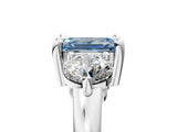 Silver Three-Stone Fancy Blue Emerald  Brilliant Cut Solitaire Ring with Prong Setting on a Classic Band