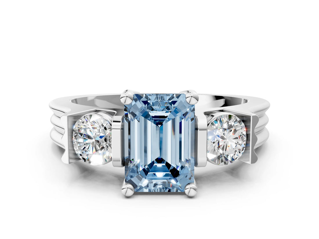 Silver Three-Stone Fancy Blue Emerald Cut Cut Classic Band Prong Setting Ring_6