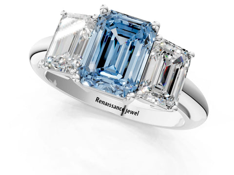 Silver Three-Stone Fancy Blue Emerald Cut Cut Diamond Engagement Ring with Prong Setting on a White Gold Band_43