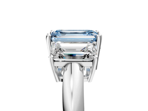 Silver Three-Stone Fancy Blue Emerald Cut Cut Diamond Engagement Ring with Prong Setting on a White Gold Band_47