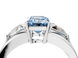 Silver Three-Stone Fancy Blue Emerald Cut Cut Diamond Ring with Trillion Side Stones on a Split Shank Band_70