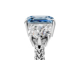 Silver Three-Stone Fancy Blue Emerald Cut Cut Milgrain Band Prong Setting Ring_11