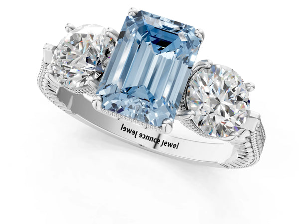 Sterling Silver Emerald Cut Vintage Three Stone Engagement Ring Setting for Fancy Blue Center