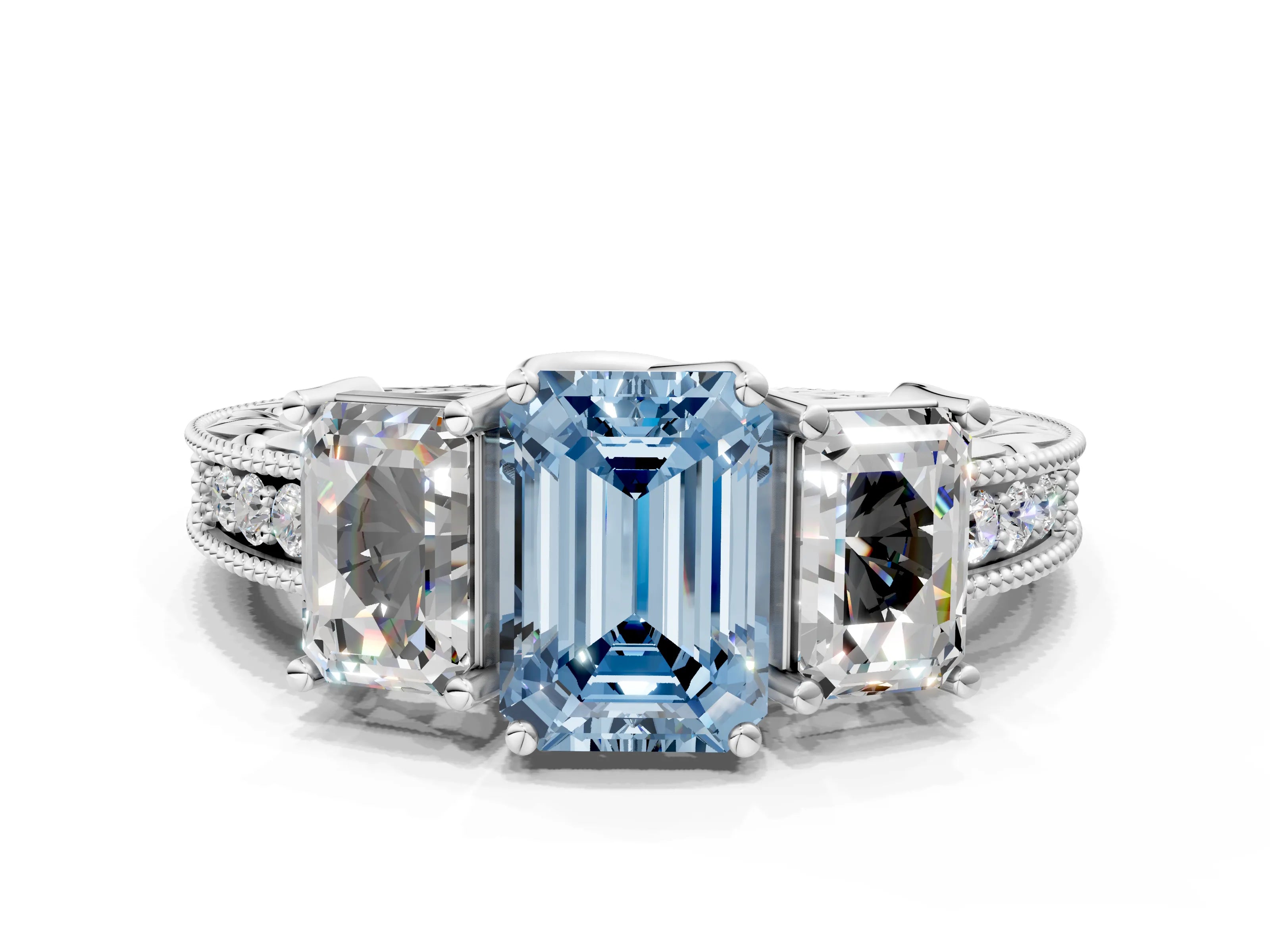 Silver Three-Stone Fancy Blue Emerald Cut Cut Milgrain Pavé Engagement Ring_72