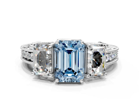 Silver Three-Stone Fancy Blue Emerald Cut Cut Milgrain Pavé Engagement Ring_72