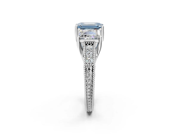 Sterling Silver Emerald Cut Engraved Three Stone Engagement Ring Setting for Fancy Blue Center
