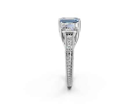 Silver Three-Stone Fancy Blue Emerald Cut Cut Milgrain Pavé Engagement Ring_74