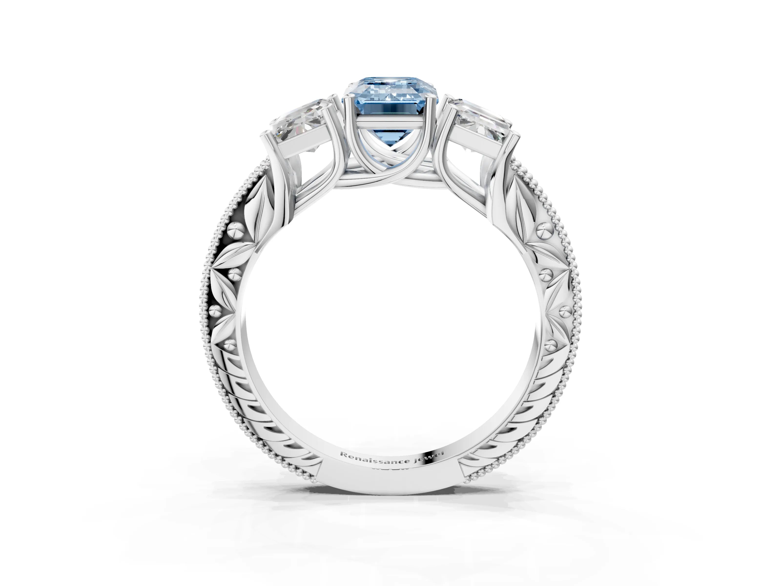 Silver Three-Stone Fancy Blue Emerald Cut Cut Milgrain Pavé Engagement Ring_75