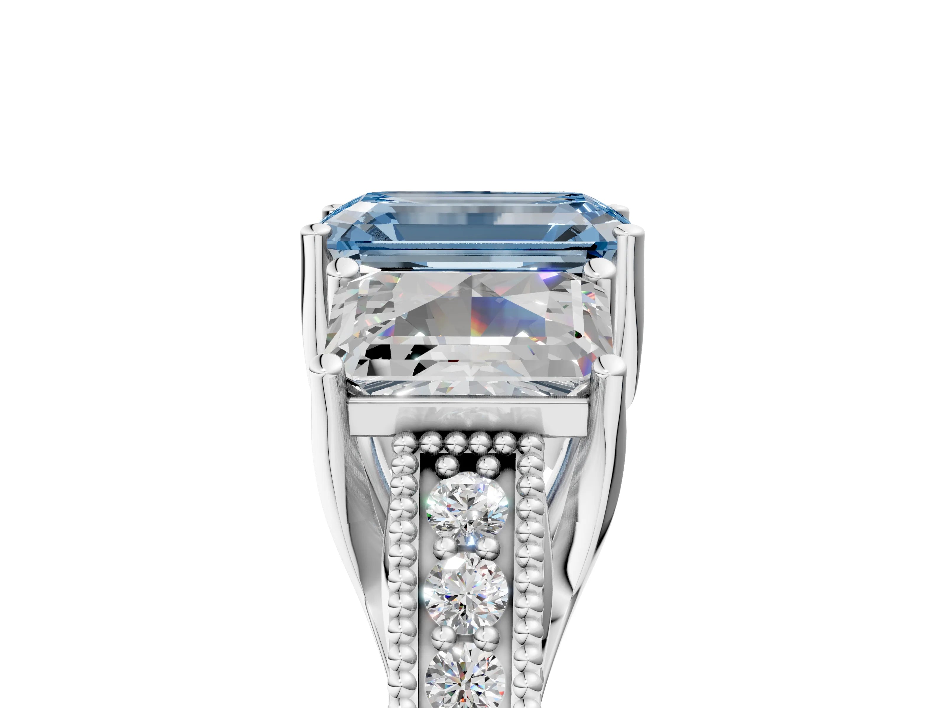 Silver Three-Stone Fancy Blue Emerald Cut Cut Milgrain Pavé Engagement Ring_77