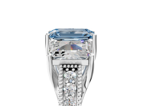 Silver Three-Stone Fancy Blue Emerald Cut Cut Milgrain Pavé Engagement Ring_77