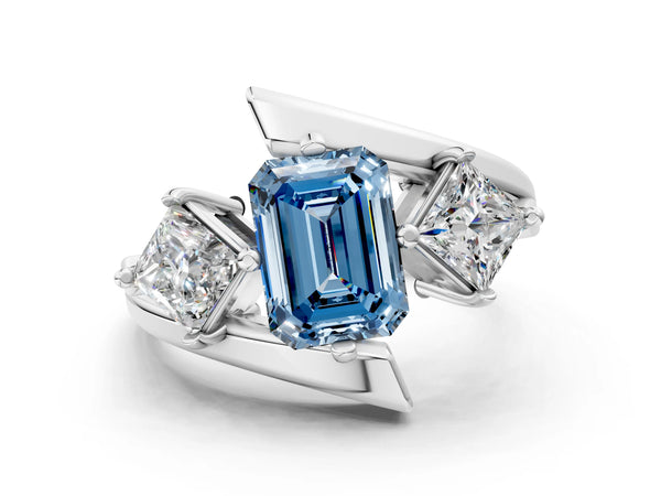 Silver Three-Stone Fancy Blue Emerald Cut Cut Tension Band Ring with Four-Prong Setting