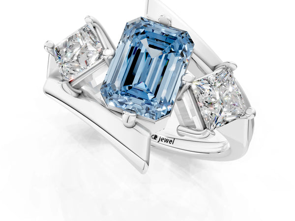 Silver Three-Stone Fancy Blue Emerald Cut Cut Tension Band Ring with Four-Prong Setting