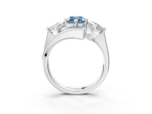 Silver Three-Stone Fancy Blue Emerald Cut Cut Tension Band Ring with Four-Prong Setting
