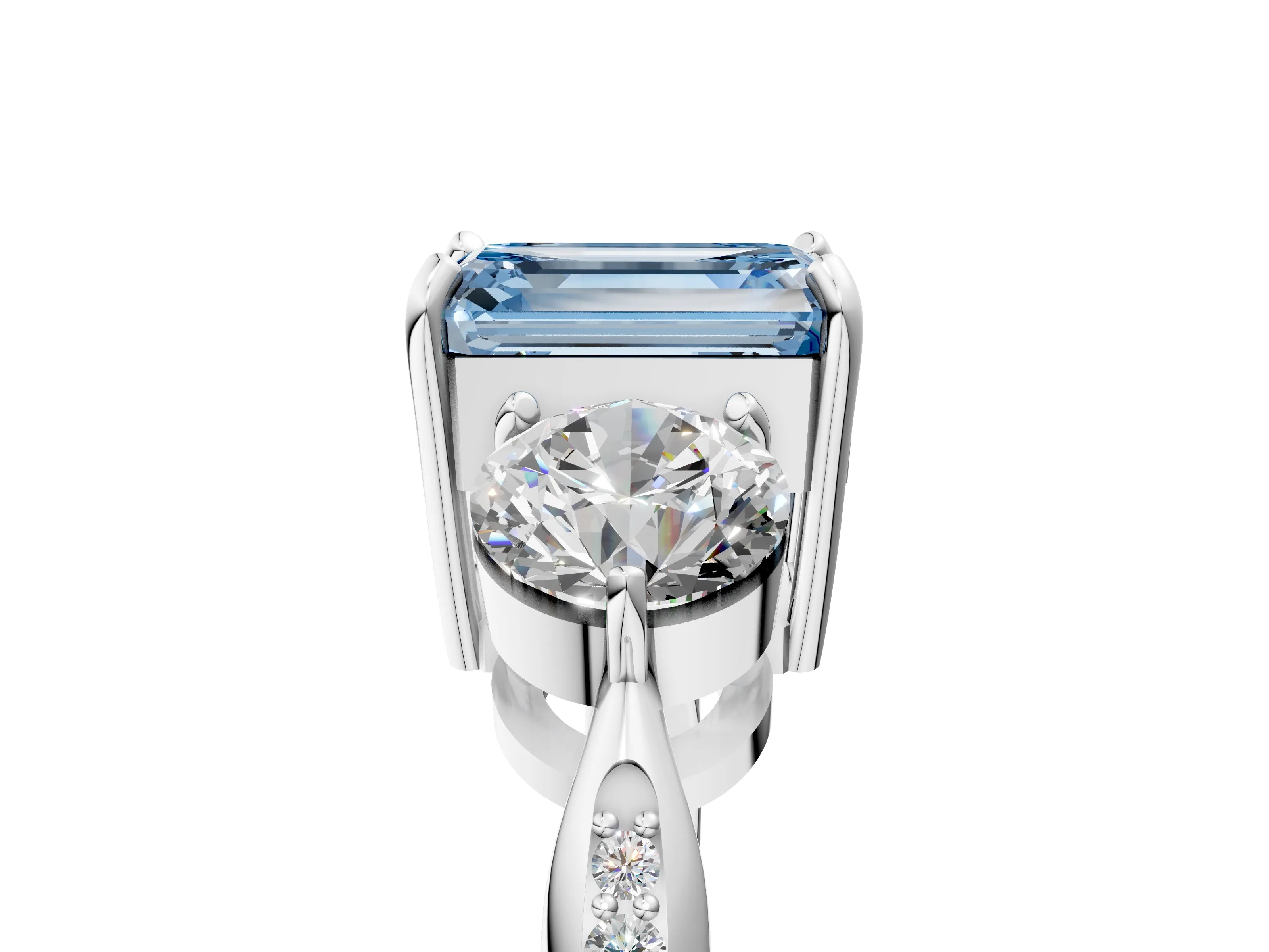Silver Three-Stone Fancy Blue Emerald Cut Diamond Channel Set Engagement Ring with Prong Setting_23