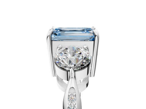 Silver Three-Stone Fancy Blue Emerald Cut Diamond Channel Set Engagement Ring with Prong Setting_23