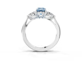 Silver Three-Stone Fancy Blue Emerald Cut Diamond Ring with Pear  Side Stones in Four-Prong Setting_19