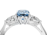 Silver Three-Stone Fancy Blue Emerald Cut Diamond Ring with Pear  Side Stones in Four-Prong Setting_20