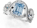 Silver Three-Stone Fancy Blue Emerald Cut Diamond Wave Pave Band with Prong Setting_7