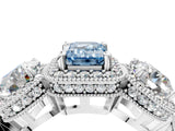 Silver Three-Stone Fancy Blue Emerald Cut Halo Diamond Milgrain Band with Four-Prong Setting_10