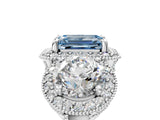 Silver Three-Stone Fancy Blue Emerald Cut Halo Diamond Milgrain Band with Four-Prong Setting_11