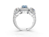 Silver Three-Stone Fancy Blue Emerald Cut Halo Diamond Milgrain Band with Four-Prong Setting_9