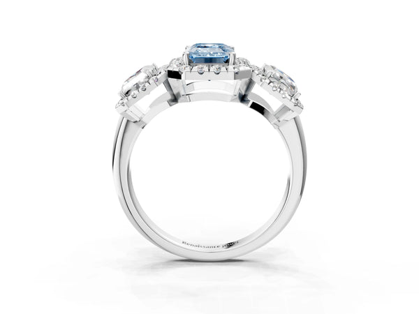 Silver Three-Stone Fancy Blue Emerald Cut Halo Diamond Ring with Pave Band and Four-Prong Setting