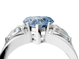 Silver Three-Stone Fancy Blue Heart Cut Cut Diamond Ring with Trillion Side Stones on a Split Shank Band_70