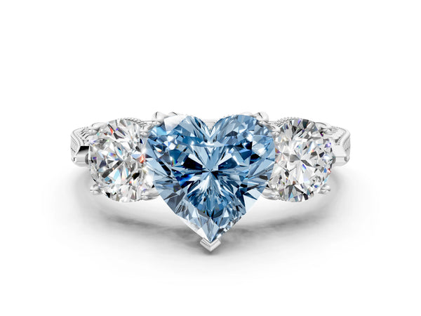 Sterling Silver Heart-Shaped Vintage Three Stone Engagement Ring Setting for Fancy Blue Center