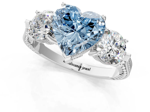 Sterling Silver Heart-Shaped Vintage Three Stone Engagement Ring Setting for Fancy Blue Center