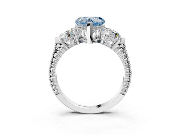 Sterling Silver Heart-Shaped Vintage Three Stone Engagement Ring Setting for Fancy Blue Center