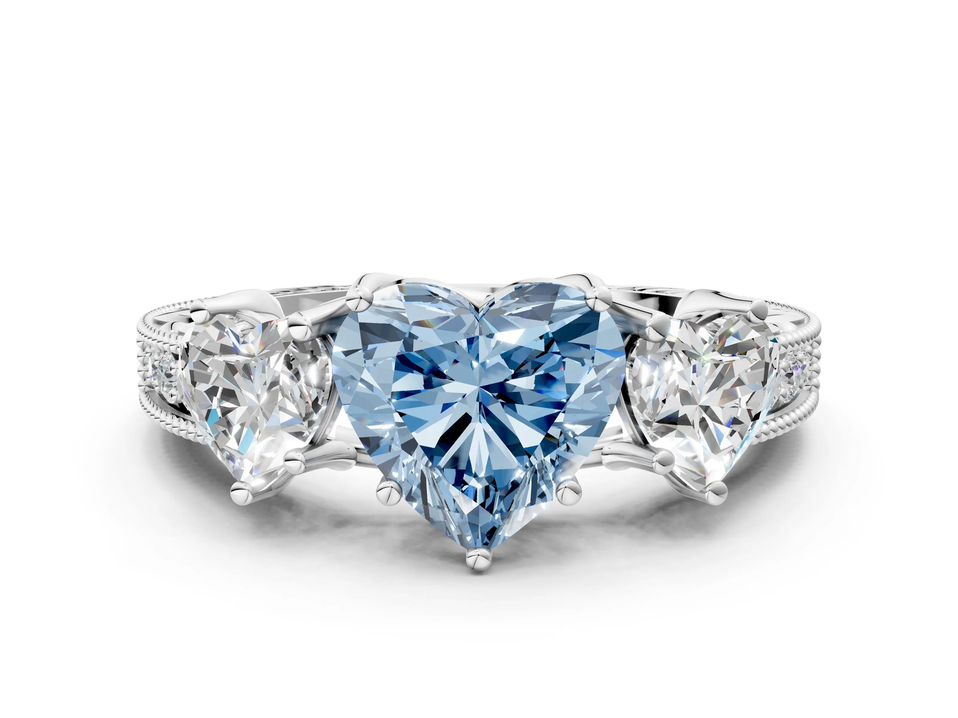 Silver Three-Stone Fancy Blue Heart Cut Cut Milgrain Pavé Engagement Ring_18
