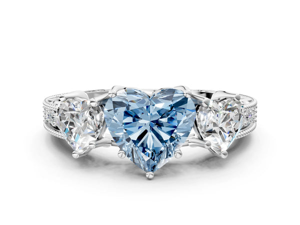 Sterling Silver Heart-Shaped Engraved Three Stone Engagement Ring Setting for Fancy Blue Center