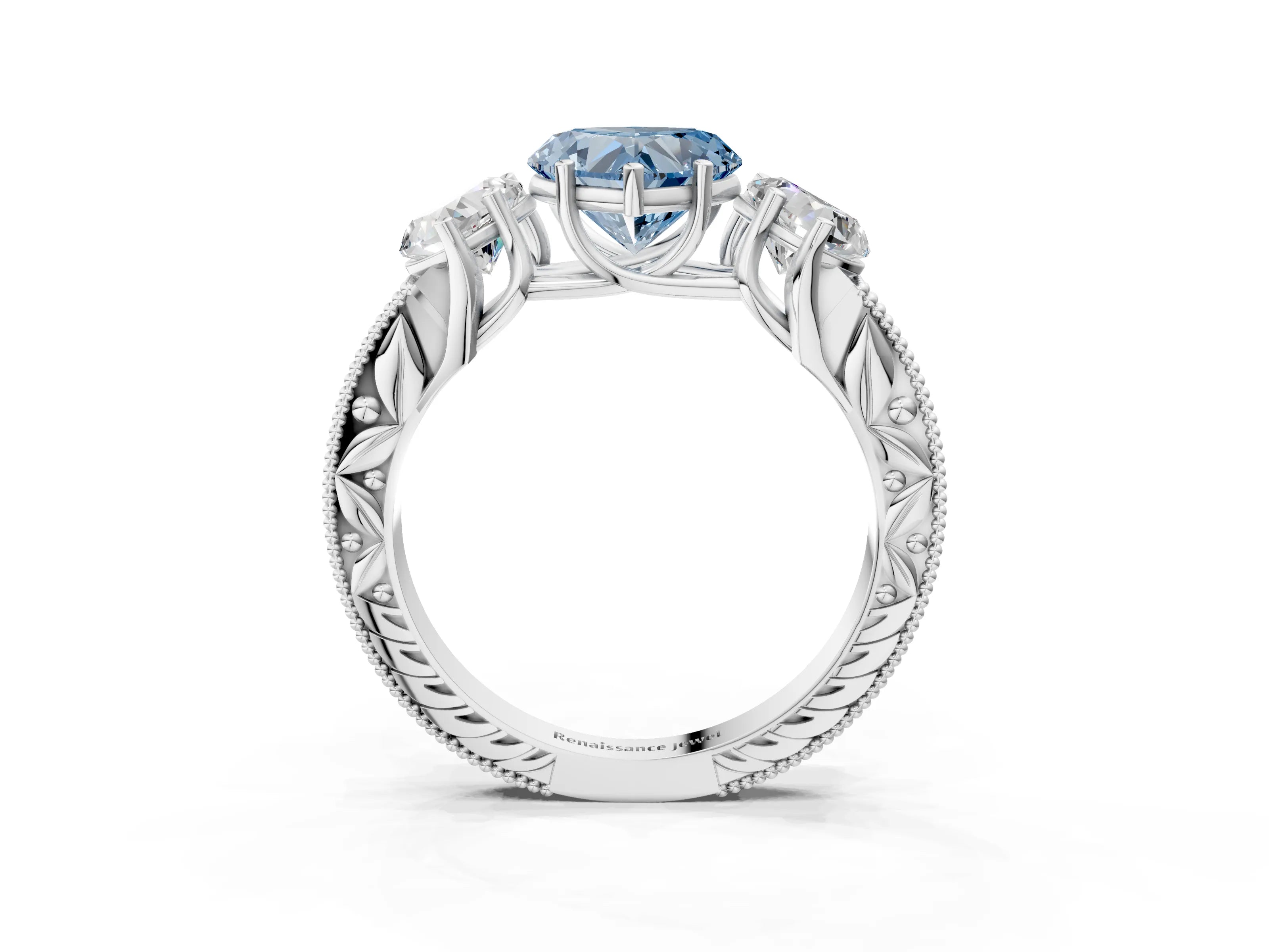 Silver Three-Stone Fancy Blue Heart Cut Cut Milgrain Pavé Engagement Ring_21