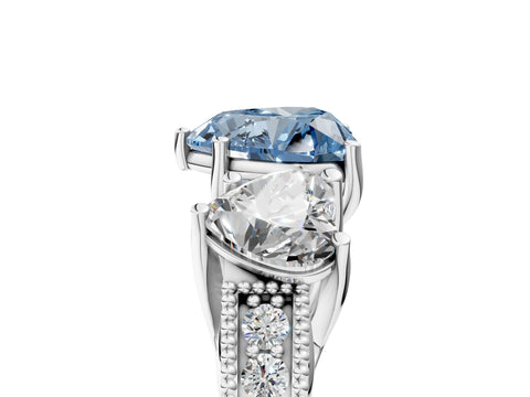 Silver Three-Stone Fancy Blue Heart Cut Cut Milgrain Pavé Engagement Ring_23