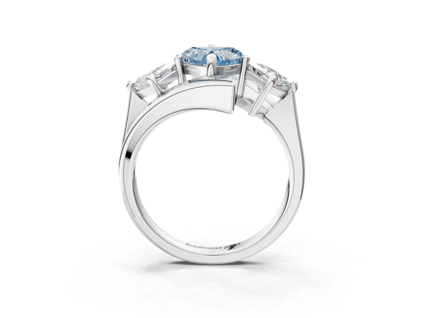 Silver Three-Stone Fancy Blue Heart Cut Cut Tension Band Ring with Four-Prong Setting