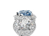Silver Three-Stone Fancy Blue Heart Cut Halo Diamond Milgrain Band with Four-Prong Setting_11