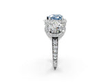 Silver Three-Stone Fancy Blue Heart Cut Halo Diamond Milgrain Band with Four-Prong Setting_8