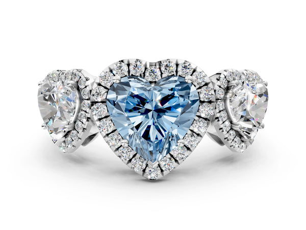 Silver Three-Stone Fancy Blue Heart Cut Halo Diamond Ring with Pave Band and Four-Prong Setting