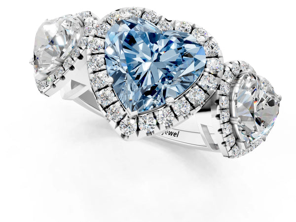 Silver Three-Stone Fancy Blue Heart Cut Halo Diamond Ring with Pave Band and Four-Prong Setting