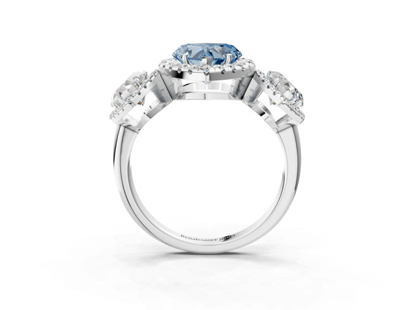 Silver Three-Stone Fancy Blue Heart Cut Halo Diamond Ring with Pave Band and Four-Prong Setting