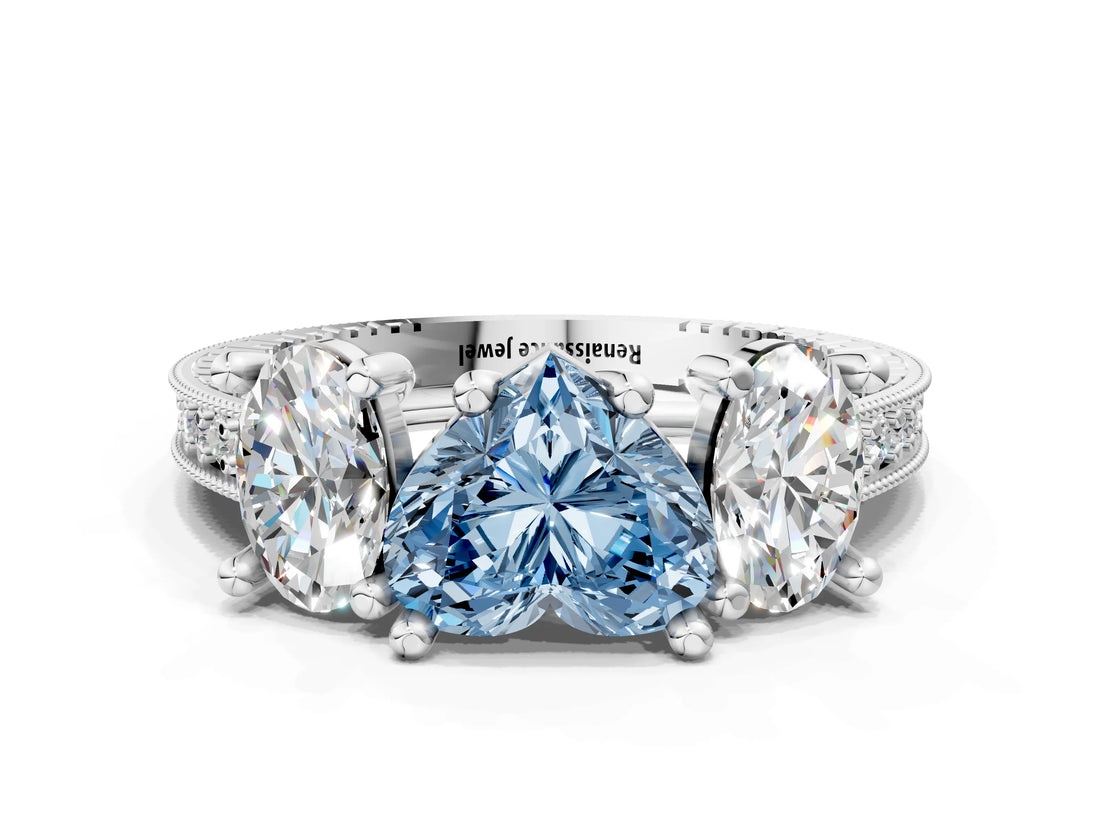 Silver Three-Stone Fancy Blue Heart  Diamond Milgrain Pave Band with Prong Setting 1