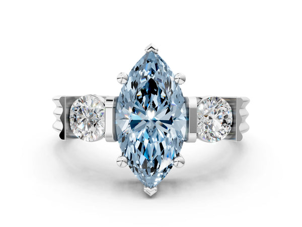 Silver Three-Stone Fancy Blue Marquise Cut Classic Band Prong Setting Ring