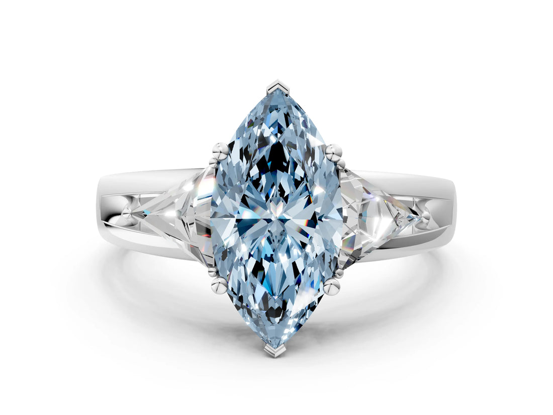 Silver Three-Stone Fancy Blue Marquise Cut Cut Diamond Ring with Trillion Side Stones on a Split Shank Band_6