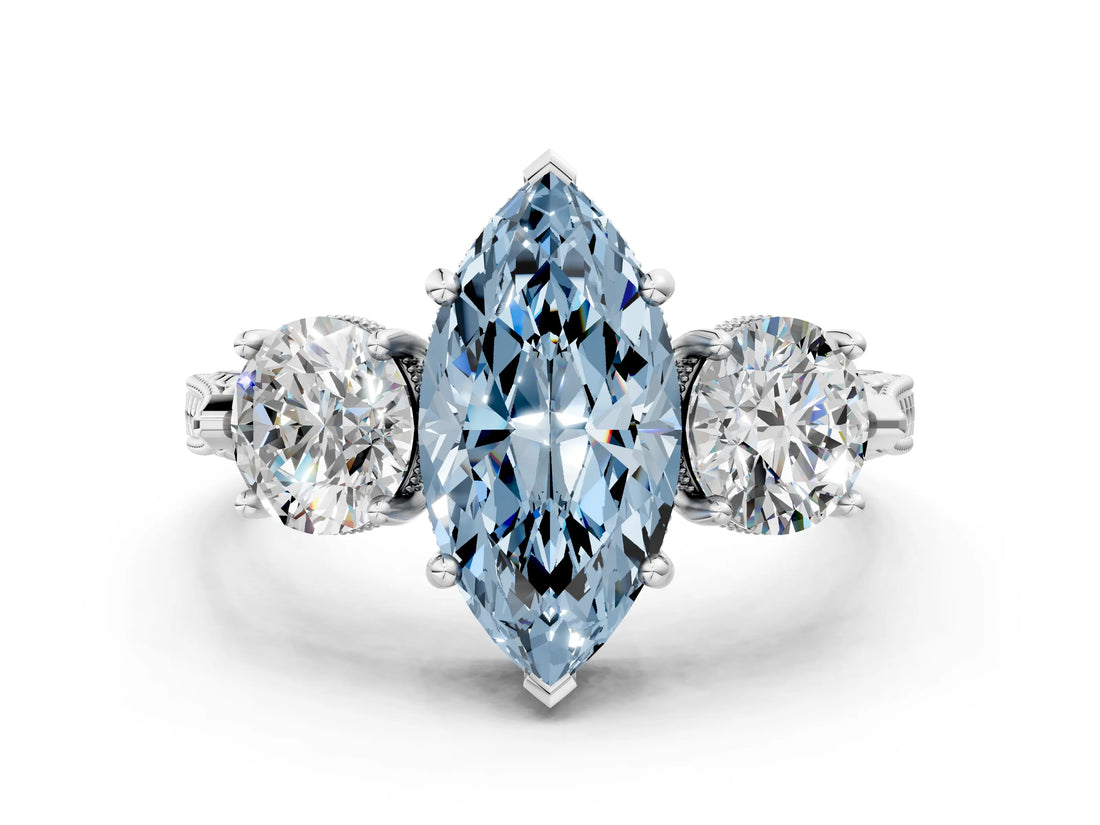 Silver Three-Stone Fancy Blue Marquise Cut Cut Milgrain Band Prong Setting Ring_6