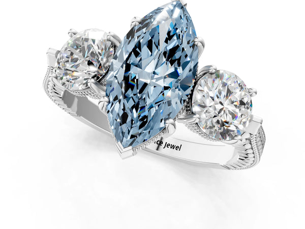 Sterling Silver Marquise Vintage Three Stone Engagement Ring Setting for Fancy Blue Center