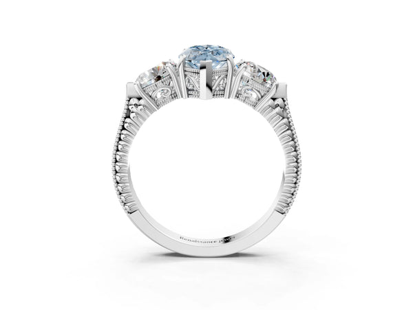 Sterling Silver Marquise Vintage Three Stone Engagement Ring Setting for Fancy Blue Center