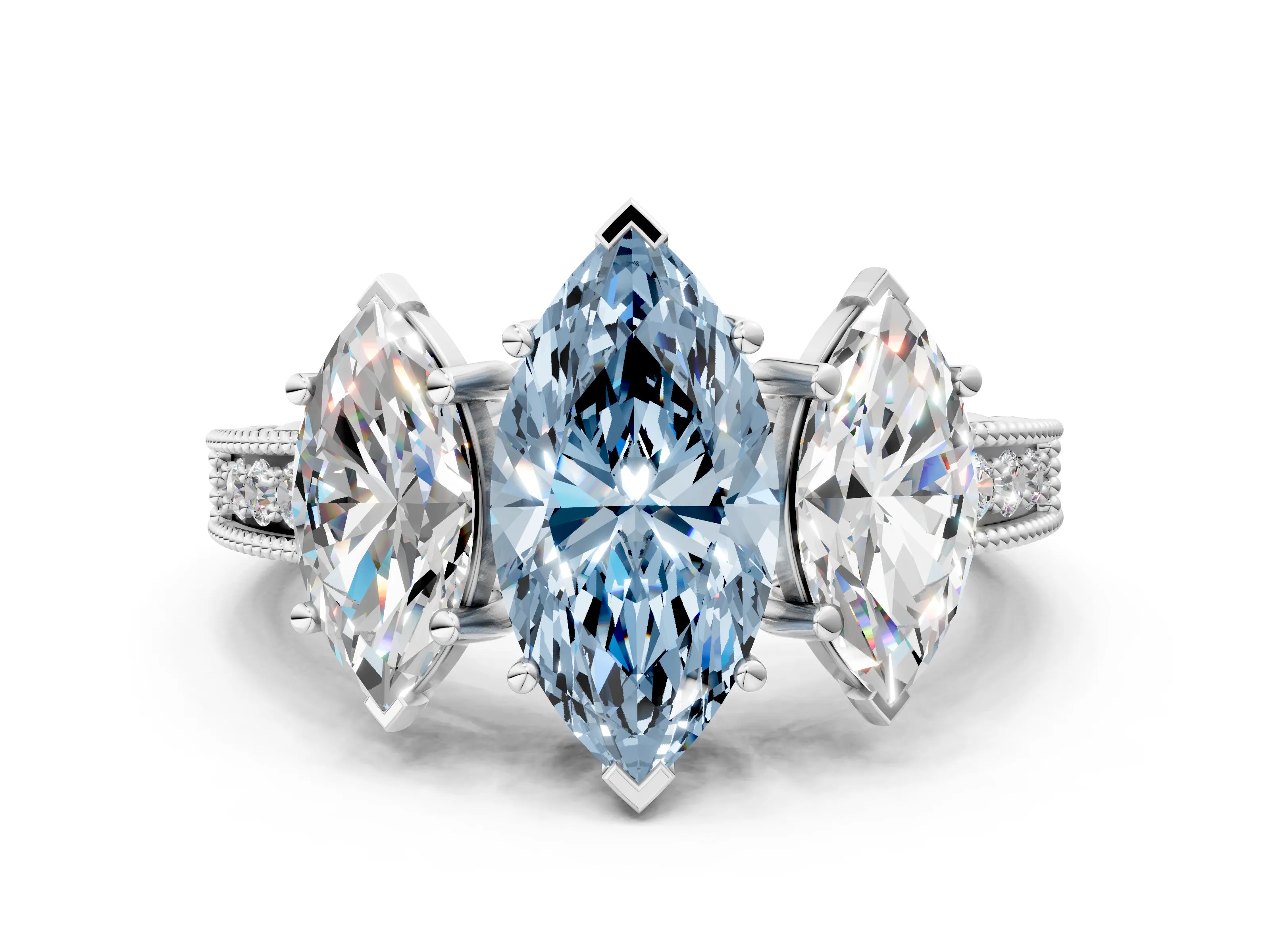 Silver Three-Stone Fancy Blue Marquise Cut Cut Milgrain Pavé Engagement Ring_18